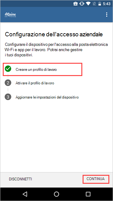 Screenshot del programma di installazione di Accesso aziendale che mostra la creazione del profilo di lavoro.