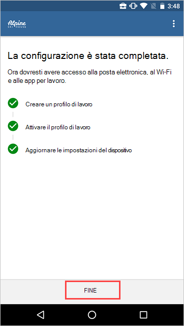 Immagine di esempio di Portale aziendale, schermata Configurazione accesso aziendale, che mostra l'installazione completata e il pulsante Fine evidenziato.