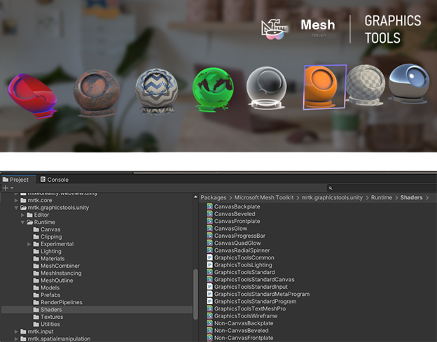 Screenshot degli shader disponibili nel toolkit mesh.