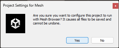 Screenshot della finestra di dialogo visualizzata in Unity che chiede se si vuole configurare il progetto