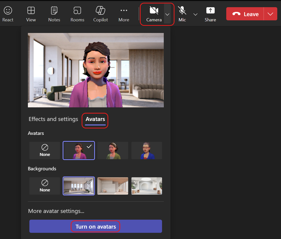 Gli avatar sono ora disponibili come scelta alternativa per attivare la fotocamera durante una riunione di Teams.