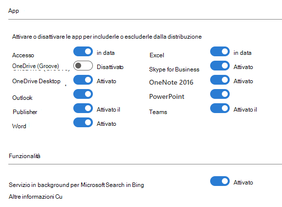 Screenshot delle impostazioni di configurazione per le app e le funzionalità in Microsoft 365, che mostra varie app e il servizio in background per Microsoft Search in Bing.