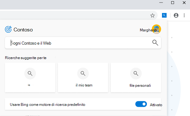 Screenshot del riquadro a comparsa di Microsoft Search in Chrome che mostra le ricerche suggerite e un'opzione per usare Bing come motore di ricerca predefinito.