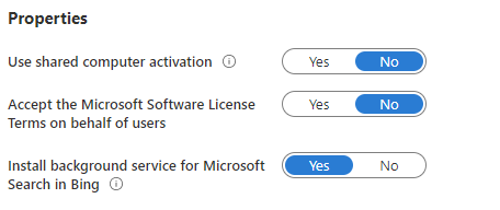 Screenshot delle impostazioni delle proprietà di Intune che mostra le opzioni per l'attivazione di computer condivisi, le condizioni di licenza software Microsoft e il servizio in background per Microsoft Search in Bing.