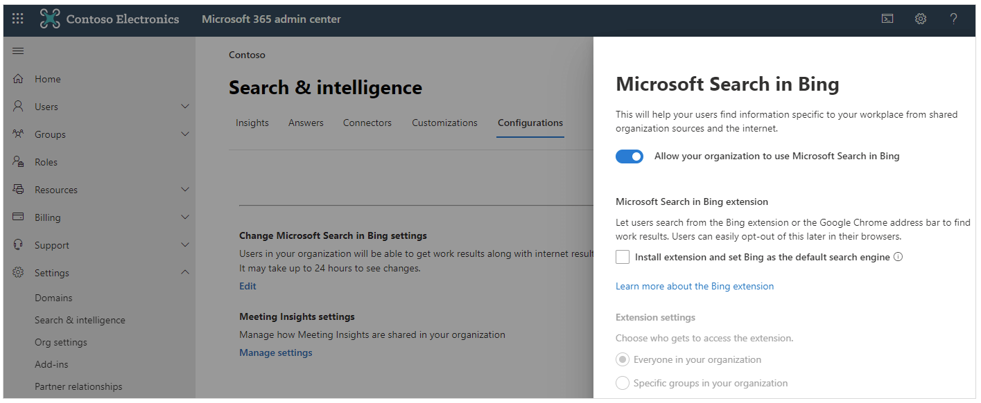 Screenshot delle impostazioni dell'interfaccia di amministrazione di Microsoft 365 per la configurazione di Microsoft Search in Bing, incluse le impostazioni dell'estensione e le configurazioni dei risultati della ricerca.