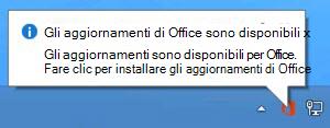 Screenshot di una notifica che indica che gli aggiornamenti di Office sono disponibili e offre un'opzione per installarli.