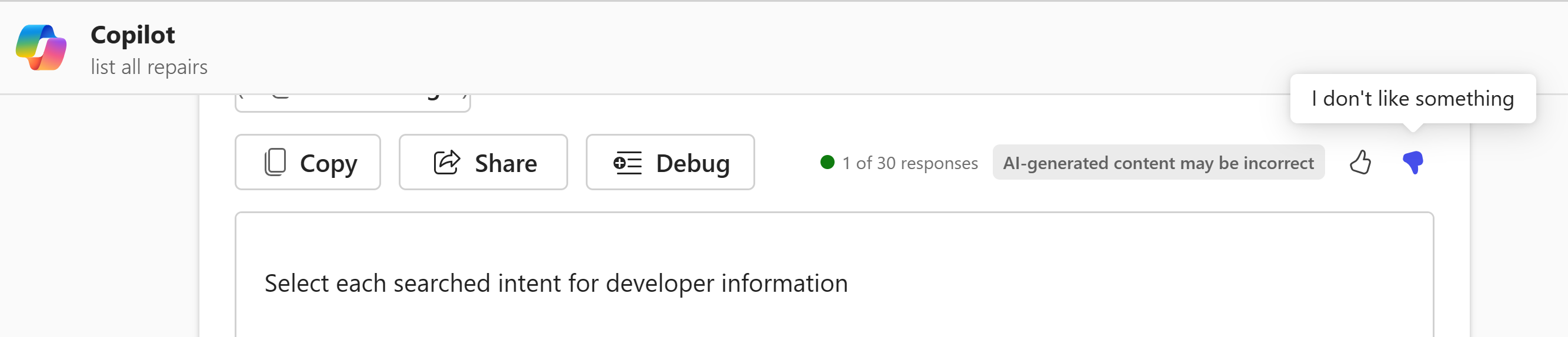 Screenshot of `copilot Chat` thumbs up or thumbs down feedback options