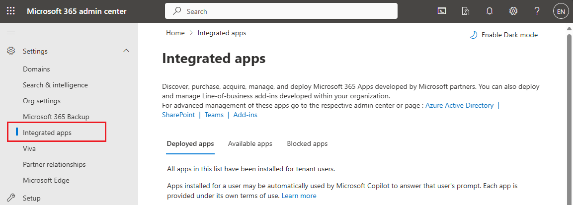 Screenshot of the 'Integrated apps' section of Microsoft admin center