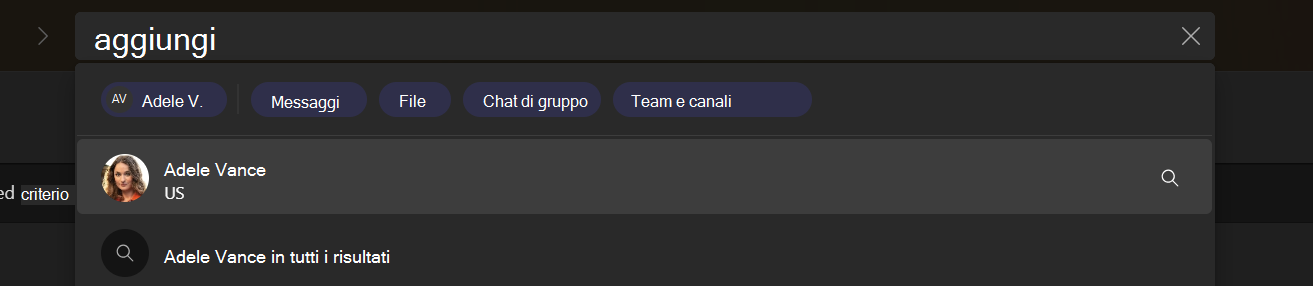 L'esperienza di ricerca di Teams mostra l'etichetta utente MTO 