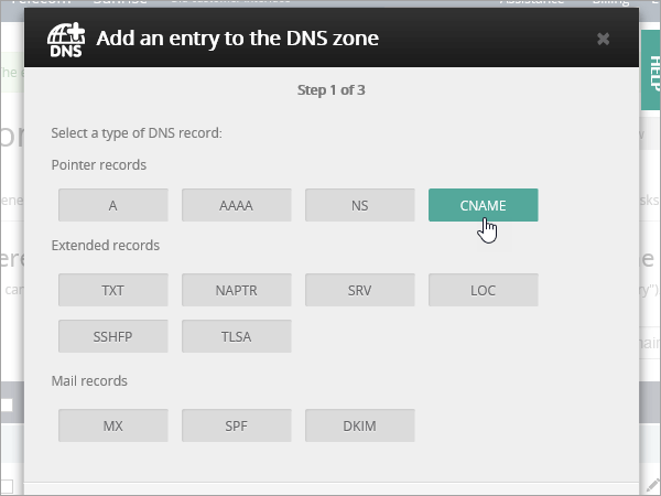 OVH Aggiungere il tipo di record CNAME.
