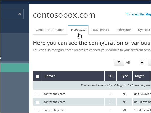 OVH Selezionare la zona DNS.