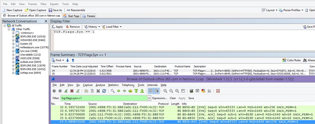 Filtrare in Netmon o Wireshark per i pacchetti Syn per entrambi gli strumenti: TCP. Flags.Syn == 1.