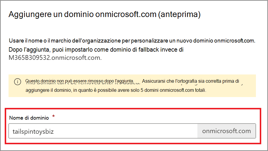 Screenshot della pagina Aggiungi dominio onmicrosoft.