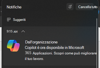 Screenshot che mostra il popup di notifica per Copilot.