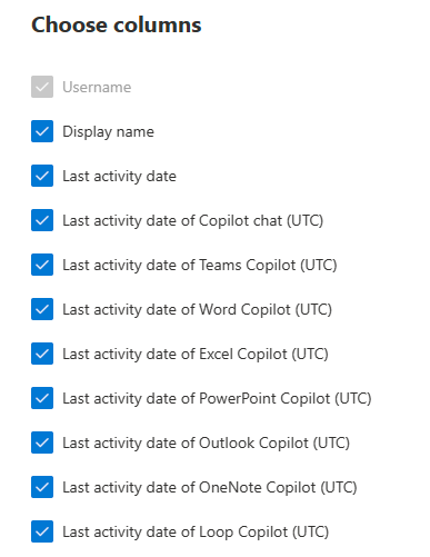 Screenshot che mostra le colonne che è possibile selezionare per il report sull'utilizzo di Copilot per Microsoft 365.