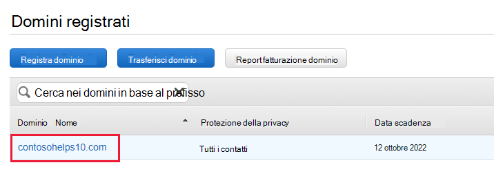 Screenshot di Domini registrati in cui si seleziona il nome di dominio per il record TXT di verifica del dominio.