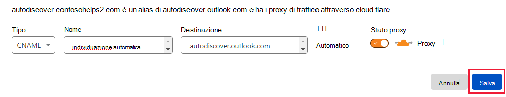 Screenshot della posizione in cui si seleziona Salva per aggiungere un record CNAME.