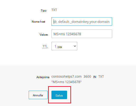 Screenshot in cui si seleziona Salva per aggiungere un record di verifica TXT.