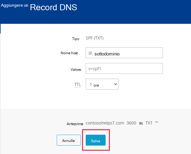 Screenshot della posizione in cui si seleziona Salva per aggiungere un record TXT SPF.