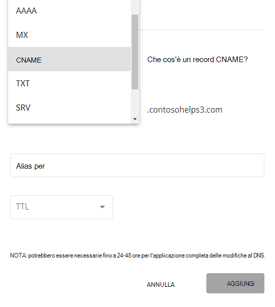 Selezionare CNAME dall'elenco a discesa Tipo.