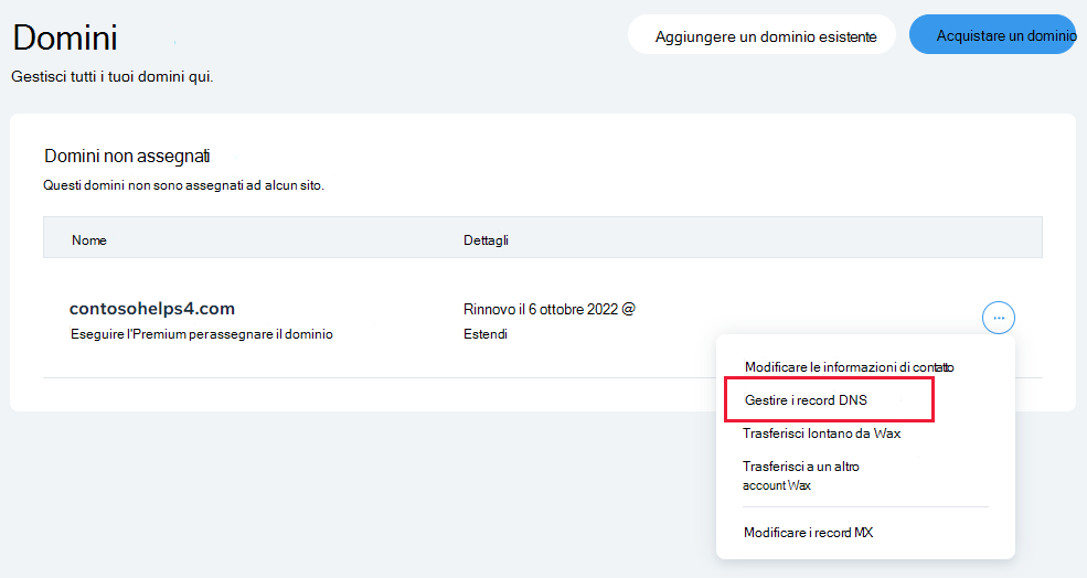 Selezionare Gestisci record DNS dall'elenco a discesa.