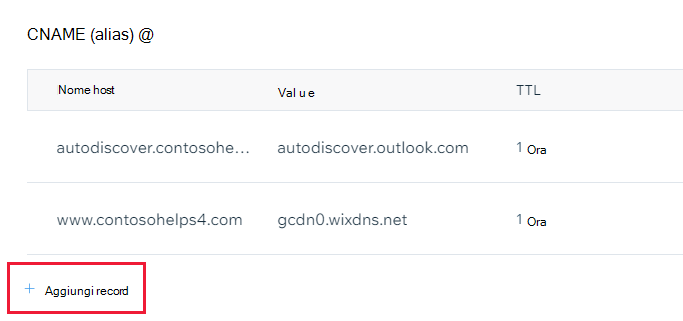 Screenshot della posizione in cui si seleziona Aggiungi un record per aggiungere un record CNAME.