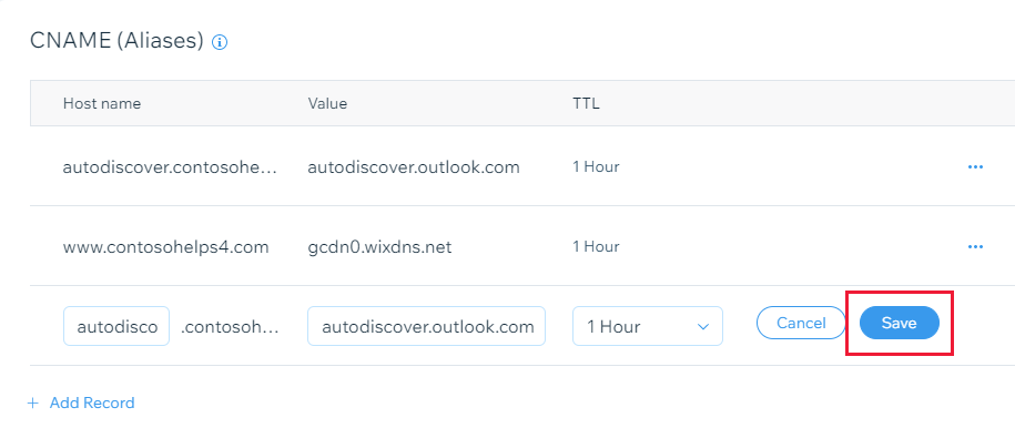 Screenshot della posizione in cui si seleziona Salva per aggiungere un record CNAME.