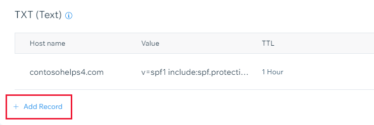 Screenshot in cui si seleziona Aggiungi record per aggiungere un record TXT di verifica del dominio.