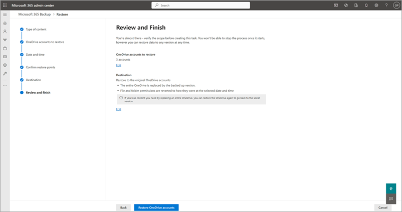 Screenshot che mostra la pagina Revisione e fine per OneDrive.