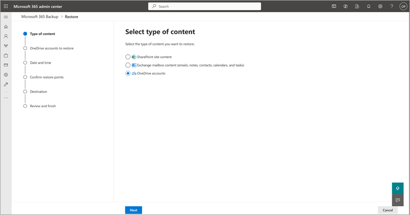 Screenshot che mostra la pagina Seleziona tipo di contenuto con gli account OneDrive selezionati.