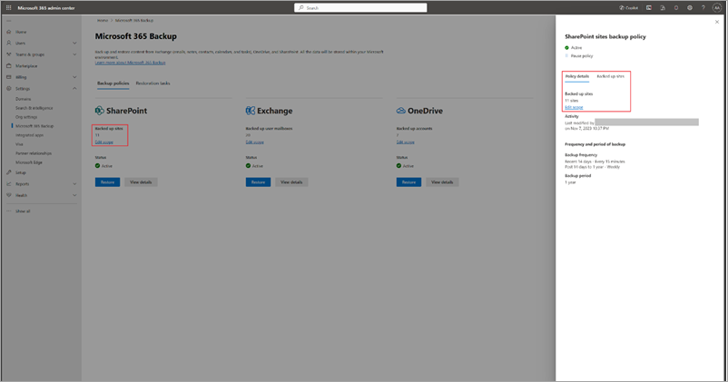 Screenshot che mostra i criteri di visualizzazione e modifica del backup per SharePoint nel interfaccia di amministrazione di Microsoft 365.