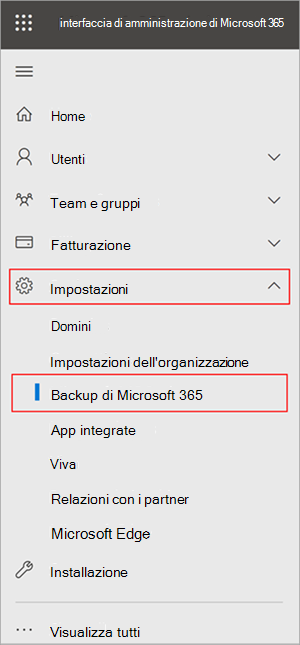 Screenshot del pannello dell'interfaccia di amministrazione di Microsoft 365 che mostra Impostazioni e Backup di Microsoft 365.