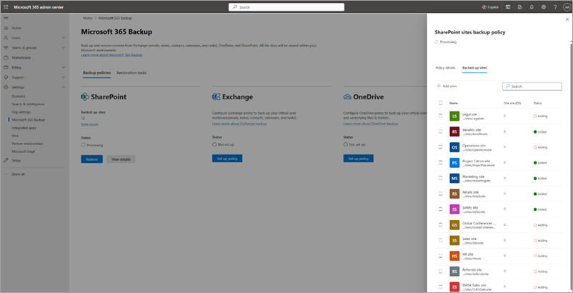 Screenshot che mostra come aggiungere siti ai criteri di backup di SharePoint esistenti nel interfaccia di amministrazione di Microsoft 365.