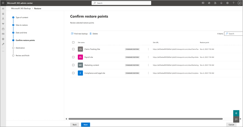 Screenshot che mostra la pagina Conferma punti di ripristino per SharePoint.