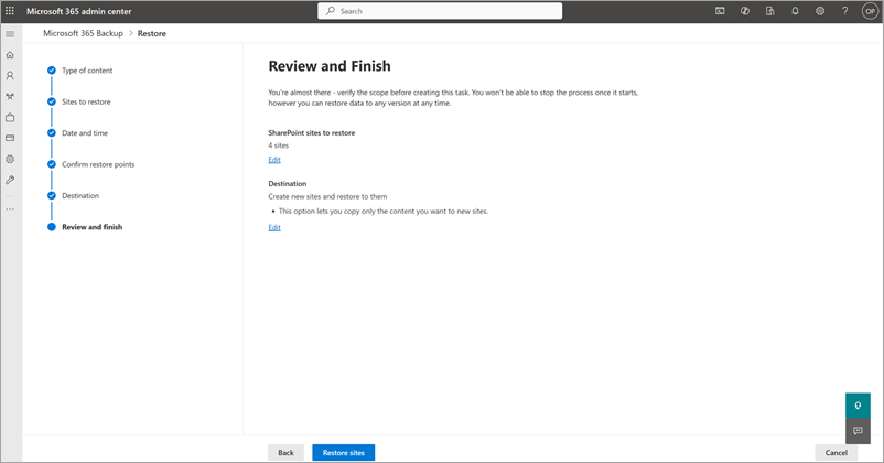 Screenshot che mostra la pagina Revisione e fine per SharePoint.