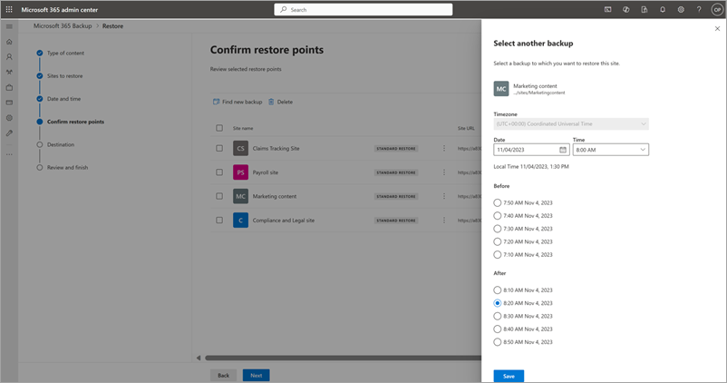 Screenshot che mostra il pannello Seleziona un altro backup per SharePoint.