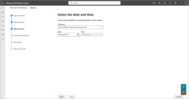 Screenshot che mostra la pagina Selezionare la data e l'ora per SharePoint.