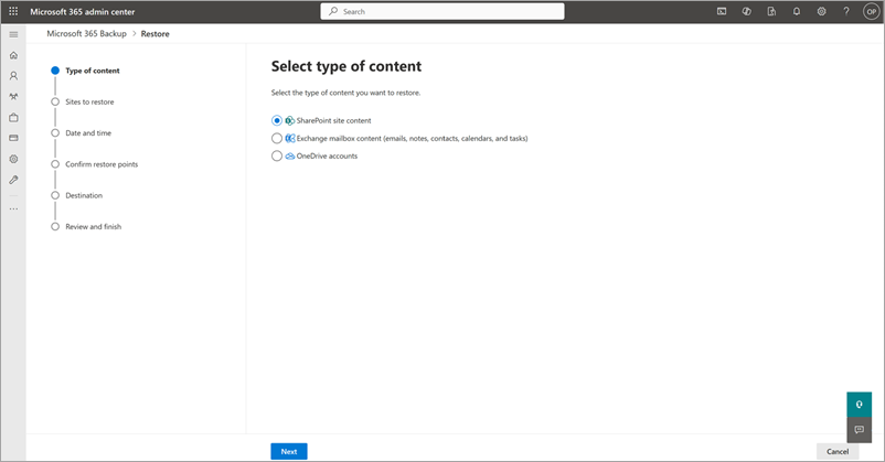 Screenshot che mostra la pagina Seleziona tipo di contenuto con il contenuto del sito di SharePoint selezionato.