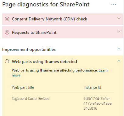 Risultati dello strumento Diagnostica pagina.