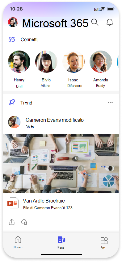 Screenshot di Feed Microsoft in Microsoft 365 Mobile.