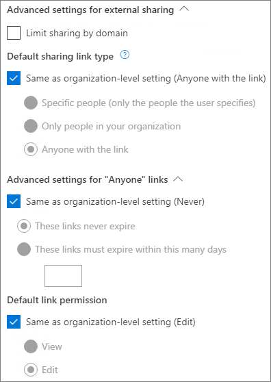 Screenshot delle impostazioni di condivisione del collegamento a livello di sito di SharePoint.