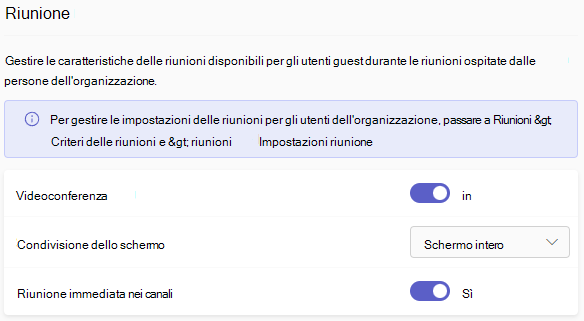 Screenshot delle impostazioni per le riunioni guest in Teams.