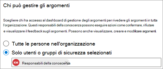 Screenshot della pagina Chi può gestire gli argomenti.