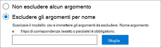 Screenshot dell'interfaccia utente degli argomenti di esclusione.