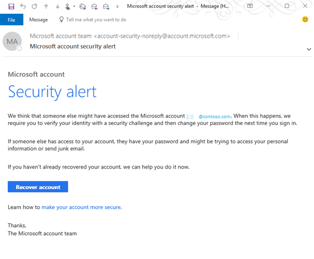 Screenshot del messaggio di avviso di sicurezza dell'account Microsoft.