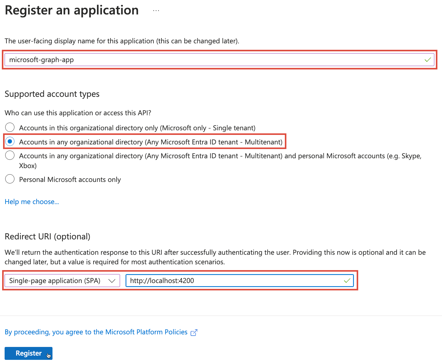 Modulo di registrazione dell'app Microsoft Entra ID