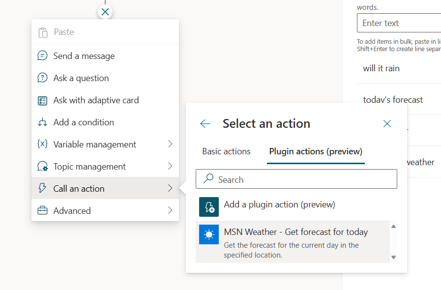 Screenshot del menu del nuovo nodo aperto e dell'azione meteo selezionata.