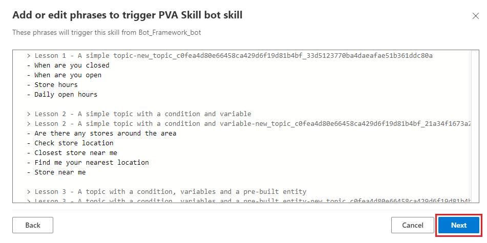 Screenshot di Composer che mostra dove modificare le frasi trigger per gli argomenti selezionati.