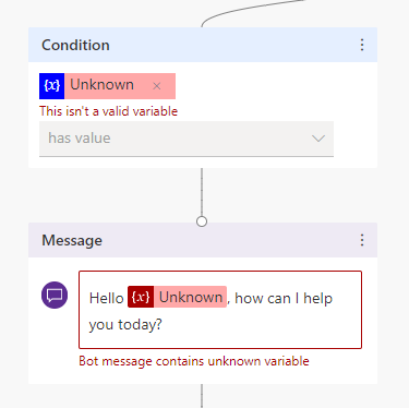 Screenshot di un nodo con riferimenti a una variabile sconosciuta, contrassegnata in rosso nel testo del nodo del messaggio e indicata con un avviso che indica che il messaggio del copilota contiene una variabile sconosciuta