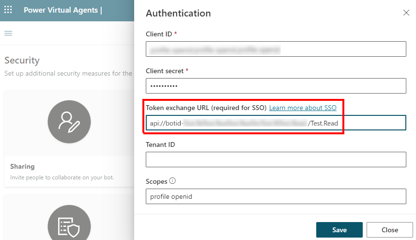 Screenshot dell'URI ID applicazione inserito come URL di scambio token in Copilot Studio.